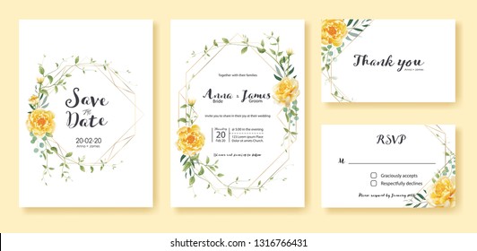 Wedding Invitation, save the date, thank you, rsvp card Design template. Vector. Yellow flower, silver dollar, olive leaves, Ivy plants.