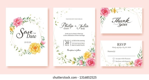 Wedding Invitation, save the date, thank you, rsvp card Design template. Yellow and pink flower, silver dollar, olive leaves, Wax flower. Vector. 