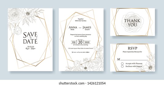 Wedding Invitation, save the date, thank you, rsvp card Design template. Vector. Flower, rose, greenery.