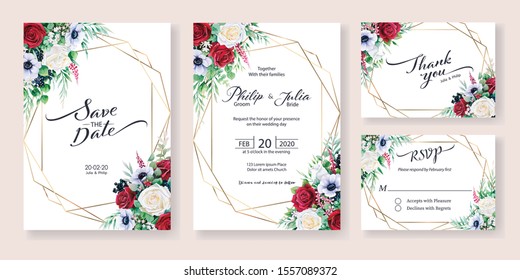 Wedding Invitation, save the date, thank you, RSVP card Design template. Winter flower, red and white rose, silver dollar, olive leaves, Wax flower. Watercolor style.