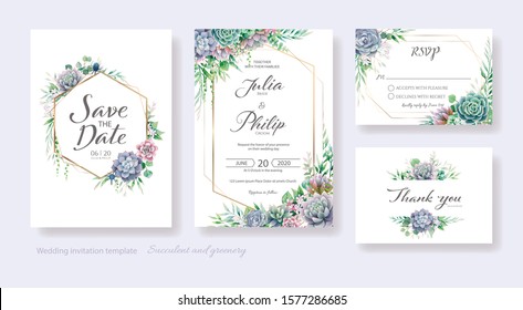 Wedding Invitation, save the date, thank you, rsvp card Design template. Vector. Succulents and greenery.