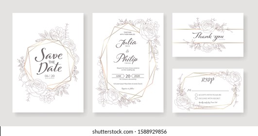 Wedding Invitation, save the date, thank you, rsvp card Design template. Vector. Rose, silver dollar, Wax flower.vector.