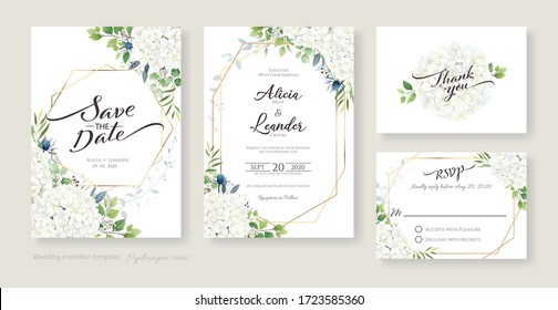 Wedding Invitation, save the date, thank you, RSVP card Design template. Vector. White Hydrangea flowers with greenery. Watercolour style.
