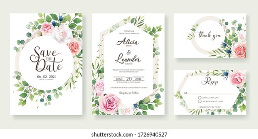 Wedding Invitation, save the date, thank you, rsvp card Design template. Vector. Roses flower with greenery.