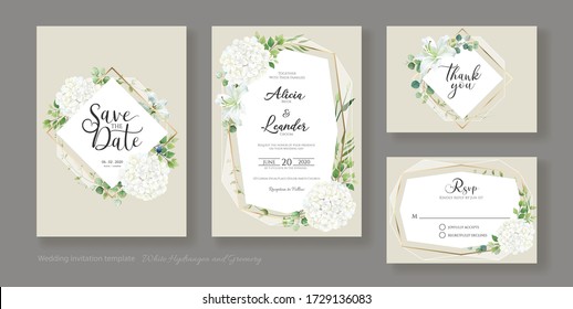 Wedding Invitation, save the date, thank you, RSVP card Design template. Vector. White Hydrangea flowers with greenery.