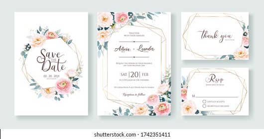 Wedding Invitation, save the date, thank you, rsvp card Design template. Vector. Ranunculus and white rose with greenery