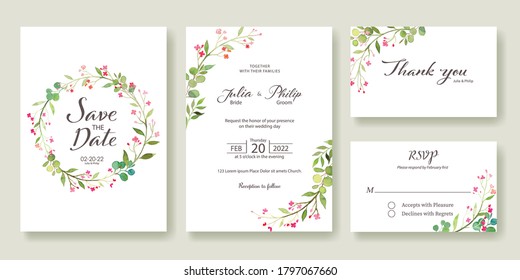 Wedding Invitation, save the date, thank you, rsvp card Design template. Vector. Summer pink flower.