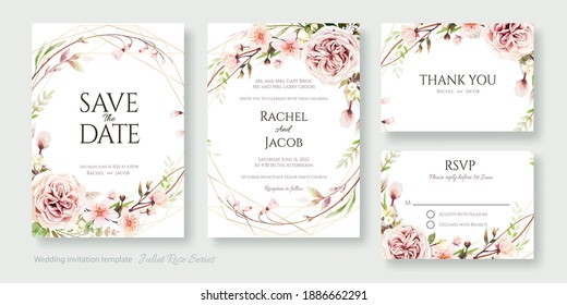 Wedding Invitation, Save The Date, Thank You, Rsvp Card Design Template. Vector. Juliet Rose And Cherry Blossom Flowers.