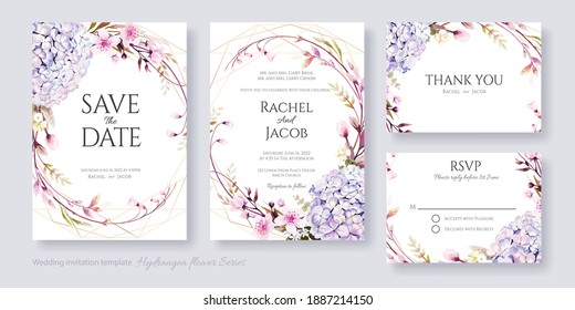 Wedding Invitation, Save The Date, Thank You, RSVP Card Design Template. Vector. Hydrangea And Cherry Blossom Flowers.