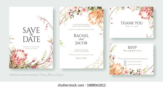 Wedding Invitation, save the date, thank you, rsvp card Design template. Vector. Protea flower and Cherry blossom.