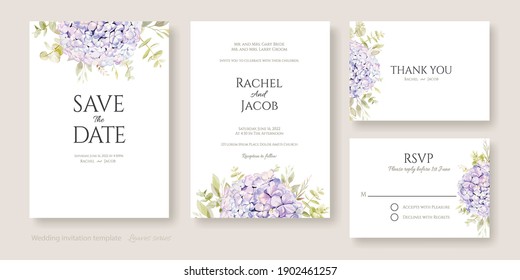 Wedding Invitation, save the date, thank you, RSVP card Design template. Purple Hydrangea flowers with greenery.