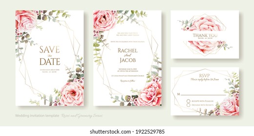 Wedding Invitation, save the date, thank you, rsvp card Design template. Pink rose, eucalyptus leaves. Watercolor style.