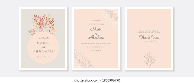 Hochzeitseinladung, speichern Sie das Datum, danke, rsvp Karte Design Vorlage. Vektorgrafik. Satz Karte mit Blume, Blätter. Konzept für Hochzeitsschmuck. Blumenposter, lade ein. Vektordekorationskarte