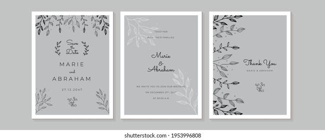 Invitación de boda, guardar la fecha, gracias, plantilla de diseño de tarjeta rsvp. Vector. Juego de cartas con flor, hojas. Concepto de ornamento de boda. Afiche floral, invitación. Tarjeta de saludo decorativa vectorial