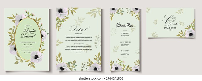 Wedding Invitation, save the date, thank you, rsvp card Design template. Vector. Anemone flower