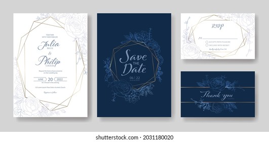 Wedding Invitation, save the date, thank you, rsvp card Design template. Vector. Rose, silver dollar, Wax flower
