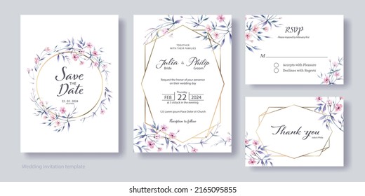 Wedding Invitation, save the date, thank you, rsvp card Design template. Vector. Wax flower. Watercolor style