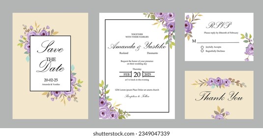 Wedding Invitation save the date thank you RSVP card Design template. Vector. purple roses.