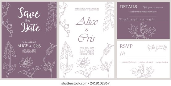 Wedding Invitation, save the date, thank you, rsvp card set template. Floral Design in hand drawn style, line art wild flowers, leaf, greenery. Decorative Vector elegant illustration. Not AI generativ