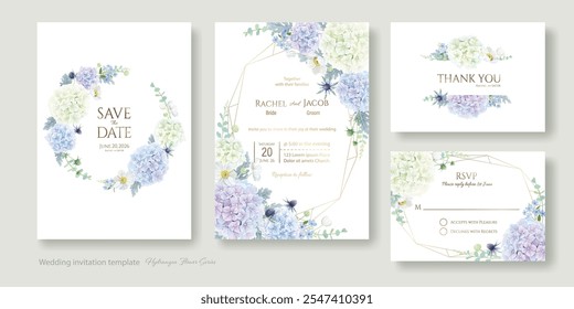 Convite de casamento, salvar a data, obrigado, modelo de design de cartão de RSVP. Vetor. Flores brancas e azuis Hydrangea com vegetação.