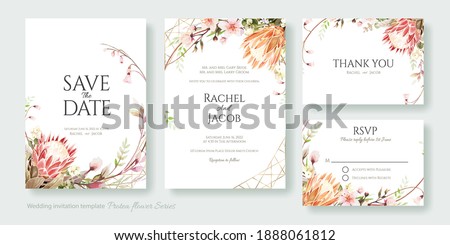 Wedding Invitation, save the date, thank you, rsvp card Design template. Vector. Protea flower and Cherry blossom.
