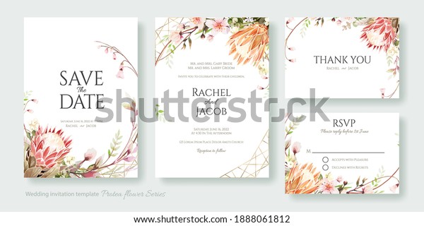 Wedding\
Invitation, save the date, thank you, rsvp card Design template.\
Vector. Protea flower and Cherry\
blossom.