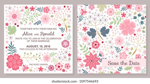 Wedding invitation. Save the date. Vector template with cute pink flowers. Romantic cards.