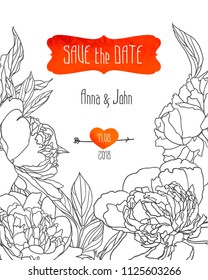 Wedding invitation. Save the date vector template with and peony flowers