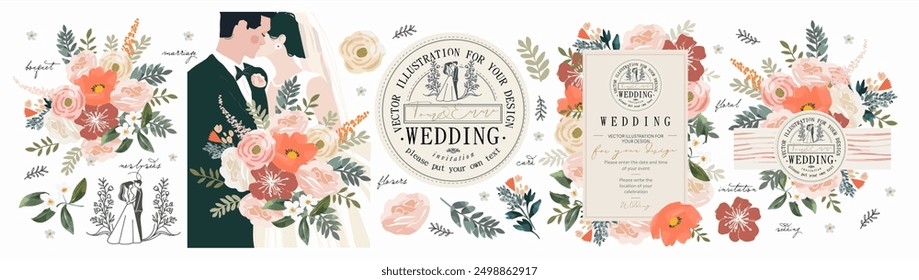 Wedding invitation. Save the date. Vector illustrations of wedding, newlyweds bride and groom, floral frame, pattern, background, logo, flowers, peonies and ribbon  for greeting card, poster or cover