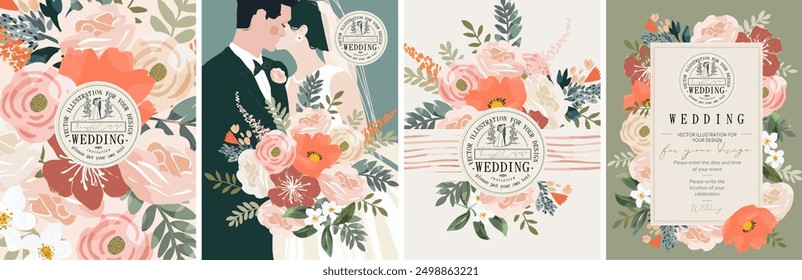 Wedding invitation. Save the date. Vector illustrations of wedding, newlyweds bride and groom, floral frame, pattern, background, logo, flowers, peonies and ribbon  for greeting card, poster or cover