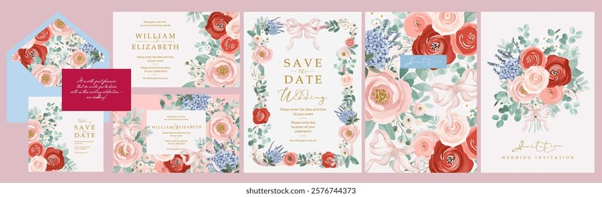 Wedding invitation. Save the date. Vector watercolor pastel floral illustrations of flowers, eucalyptus twig, peony, rose, bow, hydrangea, bouquet, frame, pattern for greeting card or envelope 