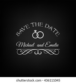 Wedding invitation. Save the date.  Vintage elements and page decoration. Ornate frames and scroll element. Ornament frame. Vintage filigree and divider swirl. Wedding rings. Premium luxury banner.