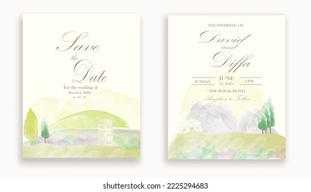 wedding invitation with scenery theme and watercolor elements