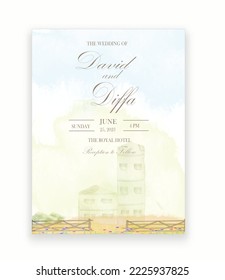 wedding invitation with scenery theme and watercolor elements