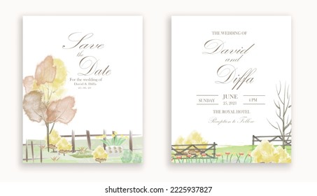 wedding invitation with scenery theme and watercolor elements