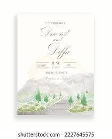 wedding invitation with scenery theme and watercolor elements