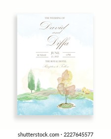 wedding invitation with scenery theme and watercolor elements
