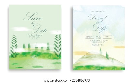 wedding invitation with scenery theme and watercolor elements