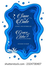 Wedding invitation. Sea paper cut landscape and seaweeds. Underwater deep life, aquarium or sea nature promo 3d vector leaflet. Wedding or marriage anniversary paper cut invitation card template