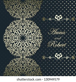 Wedding invitation, seamless background with hearts and floral ornamental lace border