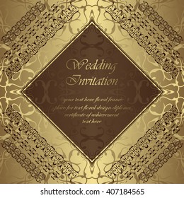Wedding invitation. Seamless Background. Vintage frame with ribbons. Golden wallpaper    