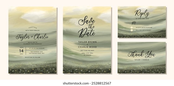 wedding invitation set with abstract landscape painting background