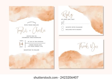 wedding invitation set with abstract orange watercolor background