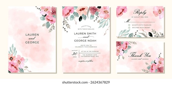 wedding invitation set with abstract and pink flower watercolor background