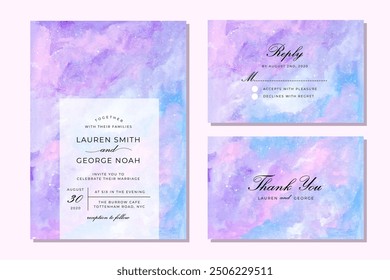 wedding invitation set with abstract purple blue painting background