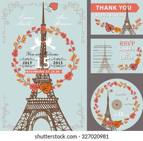 Wedding invitation set with autumn leaves wreath,pigeons,swirling borders.Paris Eiffel tower  background.Cute fall design template.Vintage Vector illustration.For save date cards,RSVP, CD disk