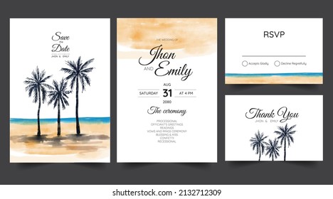 wedding invitation set with beach and palm tree watercolor background