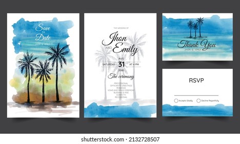 Wedding Invitation Set With Beach And Palm Tree Watercolor Background