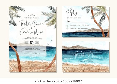 Conjunto de invitación de boda con fondo de acuarela de playa y palmera