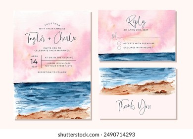 wedding invitation set with beautiful beach view watercolor landscape